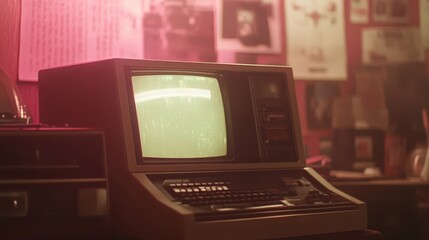 Vintage computer terminal with a display showing a graphic artifact.