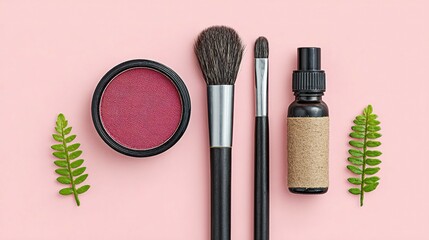 Makeup products displayed on a pink surface.