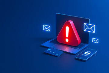 Cybersecurity Alert Concept with Warning Triangle on Laptop, Padlock on Smartphone, and Email Envelope Icons — Digital Privacy and Online Transaction Risk Illustration