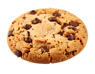 Chocolate chip cookie with golden brown edges and soft center. Isolated transparent background