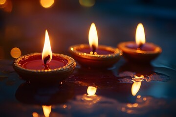 Fototapeta premium Lit diya lamps reflecting in water with bokeh celebrating diwali festival of lights