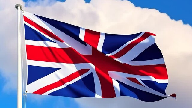 united kingdom flag, flag of great britain animation with blue sky, and clouds moving 