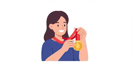 Happy Woman Holding First Place Gold Medal