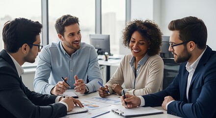 Diverse team collaborates on charts in bright office, sharing ideas and smiling