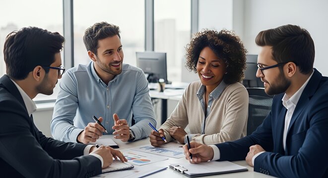 Diverse team collaborates on charts in bright office, sharing ideas and smiling