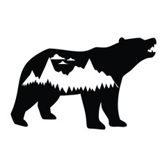 Silhouette of a Bear with Mountains and Clouds Inside, a Nature Inspired Design with Wildlife and Wilderness Imagery