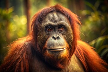 Fototapeta premium Vintage Photo: Endangered Tapanuli Orangutan in Sumatra Rainforest
