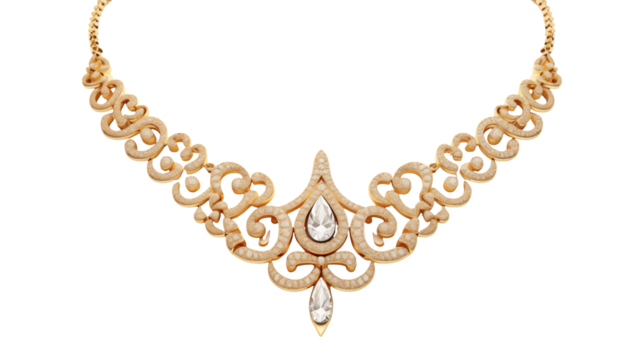 Elegant gold necklace with intricate filigree design and teardrop shaped gemstones on a black background