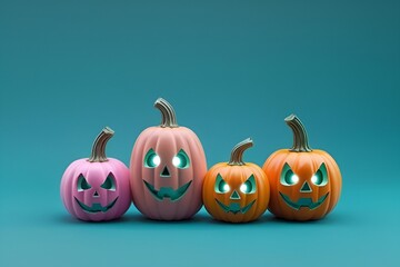 Colorful Jack-o'-Lantern Pumpkins on Turquoise Background – Festive Halloween Decor