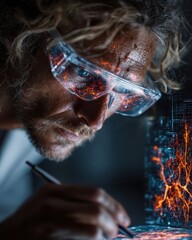 Scientist's intense focus on glowing lab work with safety glasses