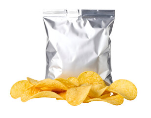 Silver snack bag with potato chips on Isolated transparent background