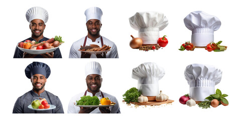 Smiling Chefs with Fresh Ingredients and Cooking Hats in Kitchen