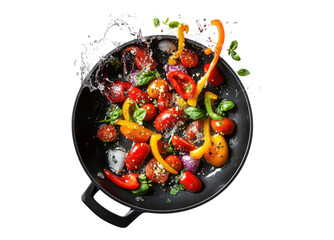 Fresh Colorful Vegetables Splashing in Frying Pan with Water