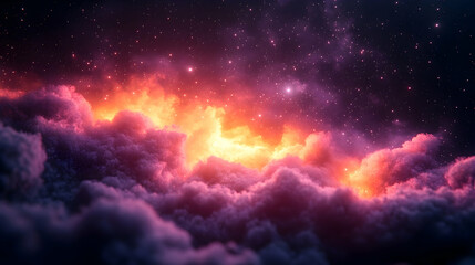 Naklejka premium Celestial Cloudscape: Fiery Sunset Hues and Starry Night