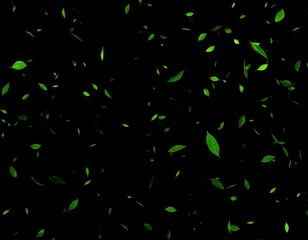 Falling green leaves on black background