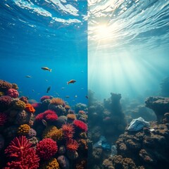Obraz premium Underwater Contrast: Healthy vs. Polluted Reef