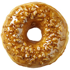 Close-up view of a glazed donut with caramel icing and sprinkled nuts on a white background, showing detailed texture and golden-brown color of the sweet pastry