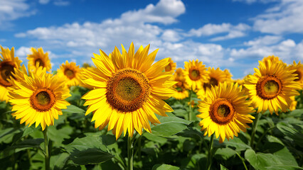 Fototapeta premium A vibrant sunflower field under a partly cloudy blue sky.