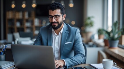 Successfull middle eastern man using laptop at work in bright room. Modern remote work entrepreneur concept