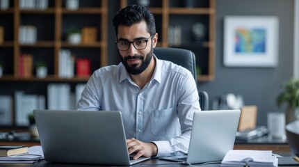 Successfull middle eastern man using laptop at work in bright room. Modern remote work entrepreneur concept