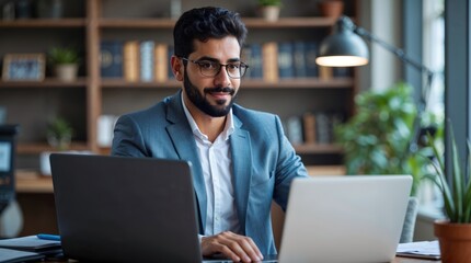 Successfull middle eastern man using laptop at work in bright room. Modern remote work entrepreneur concept