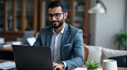 Successfull middle eastern man using laptop at work in bright room. Modern remote work entrepreneur concept