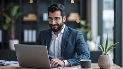 Successfull middle eastern man using laptop at work in bright room. Modern remote work entrepreneur concept