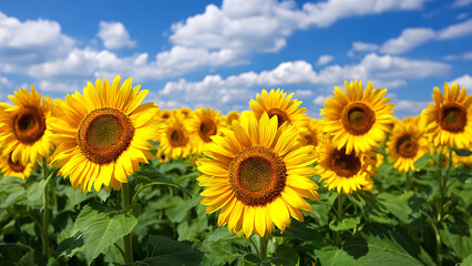 Fototapeta premium A vibrant sunflower field under a partly cloudy blue sky.