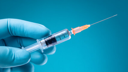 A medical professional holds a syringe containing clear fluid against a blue background.