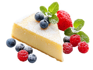 Delicious and fresh cheesecake slice garnished with blueberries raspberries and mint leaves on a white background perfect for desserts and sweet treats