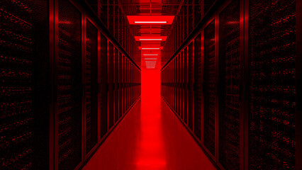 Fototapeta premium Vibrant red corridor of advanced data technology