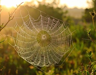 Dew Drops On Spiderweb At Sunrise
