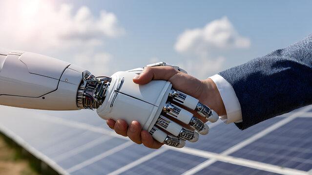 A human hand shakes the hand of a robot, in front of solar panels.