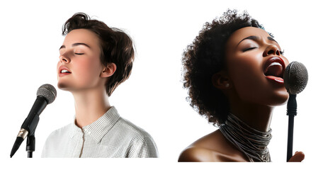 Two Diverse Women Singing Passionately into Microphones, PNG bundle collection, Isolated on Transparent Background