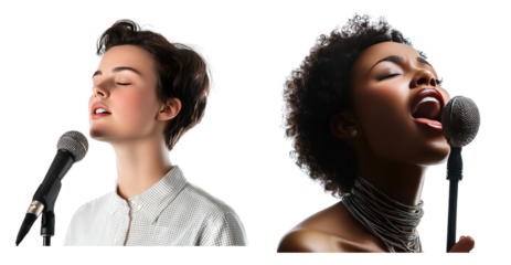 Two Diverse Women Singing Passionately into Microphones, PNG bundle collection, Isolated on Transparent Background