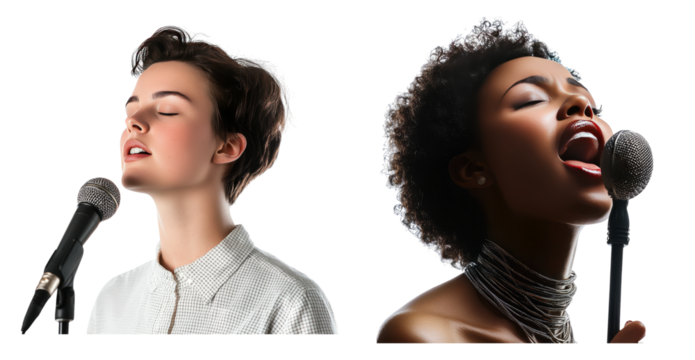 Two Diverse Women Singing Passionately into Microphones, PNG bundle collection, Isolated on Transparent Background