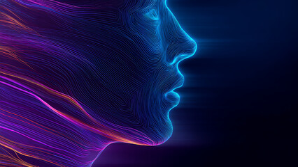 Artificial Intelligence in the form of a human head. Lines  on a dark blue background.