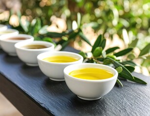 Variety Of Olive Oils In Small White Bowls On Dark Wooden Table
