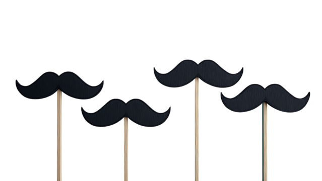 Each fake mustache is mounted on a thin wooden stick.