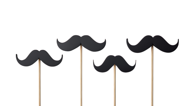 Each fake mustache is mounted on a thin wooden stick.