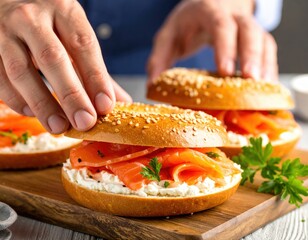 Hands Preparing Smoked Salmon Bagels On Wooden Board