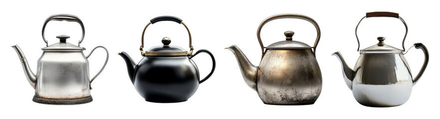 Vintage Teapots in Diverse Styles for Home Decor or Culinary Use, PNG bundle collection, Isolated on Transparent Background