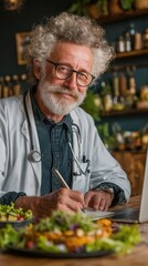 Smiling older professional, writing notes, food in foreground