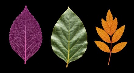 Obraz premium Three Different Leaves Arranged on a Black Background
