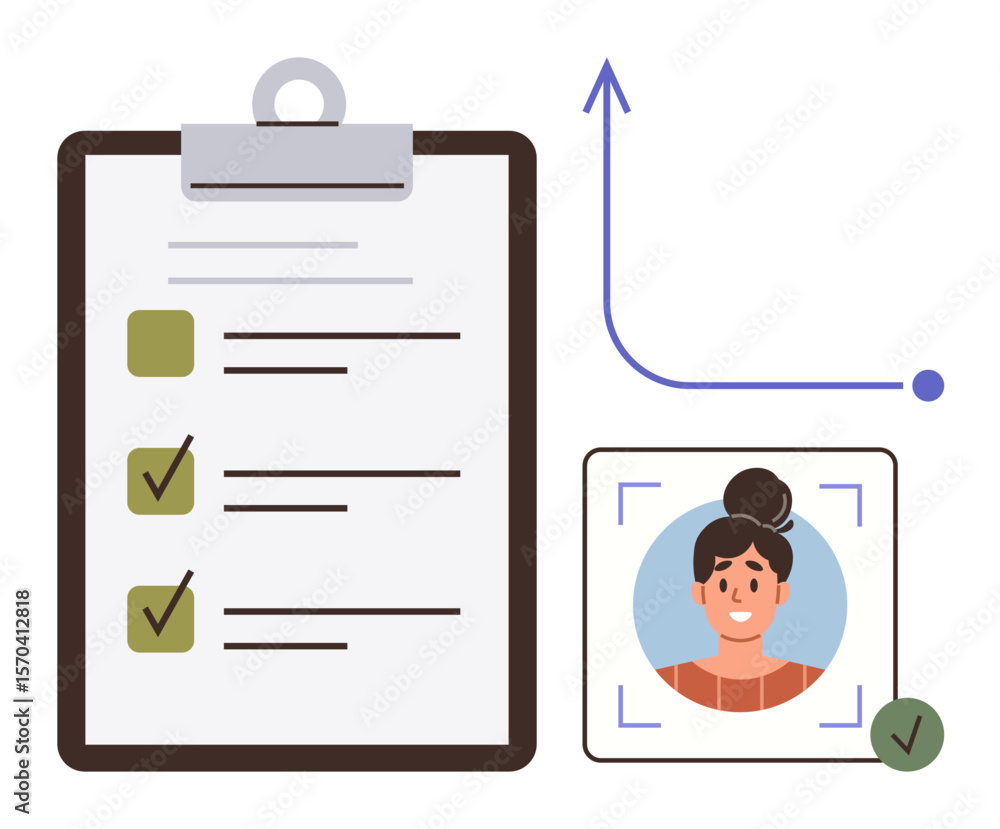 Poster clipboard with marked checklist, avatar with verification checkmark, upward arrow. ideal for product