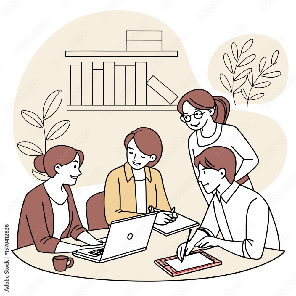 Poster diverse team of four colleagues collaborating on a project at a table with a laptop and notebooks in