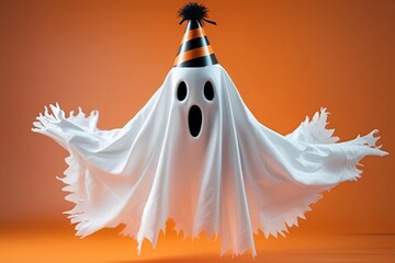 Floating Halloween Ghost with Party Hat on Orange Background - Photo-Realistic Spooky Decor
