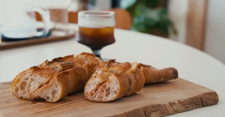 Pieces of bread on a wooden board. croissant and cup of coffee