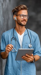Smiling professional holds tablet with stethoscope, leaning