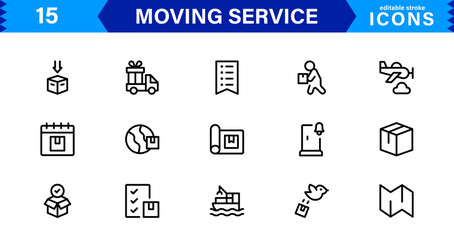 Vector Icon Set for Moving Services with Transportation, Packaging, and Storage Symbols Designed in Clean Line Style